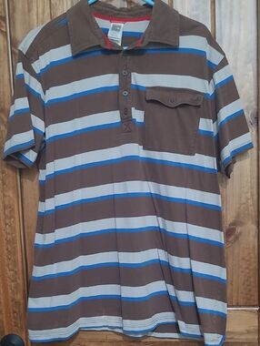 The North Face Brown Polo with Blue and Light Gray Stripes. Size XL